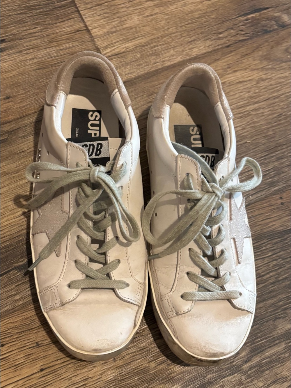 Golden Goose style white leather sneakers with pale gray laces
